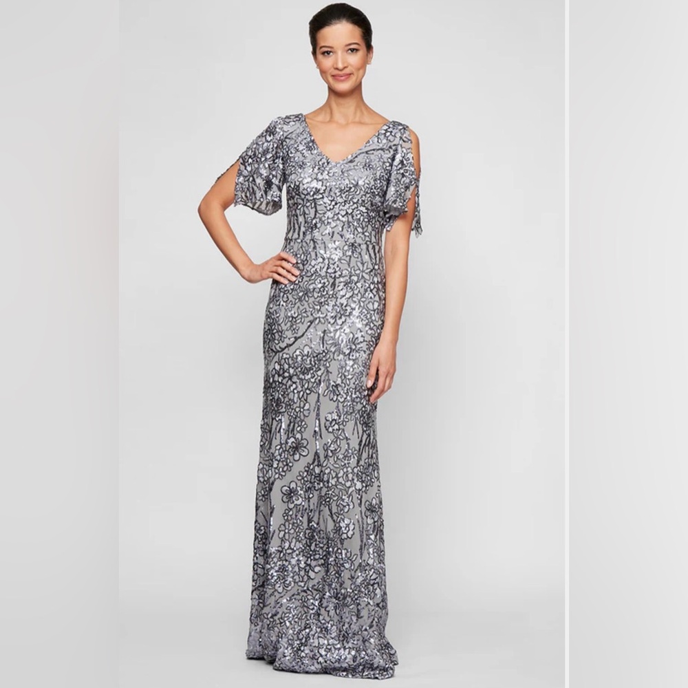Alex Evenings Silver Sequin Floral Maxi Dress